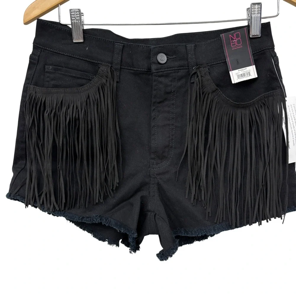 No Boundaries Black Denim Fringe Shorts High Rise Raw‎ Hem Size 9 NEW western